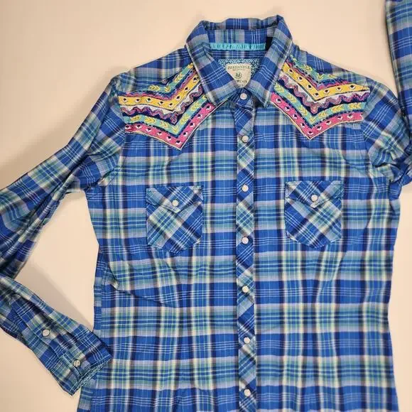 Panhandle Rough Stock Plaid Western Shirt M Embroidered Snap - Picture 5 of 14